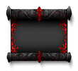 © Mahmud - Black scroll with red decoration on a white background design, ancient black paper texture, vector illustration design, flat design, 2D game art design, simple design,