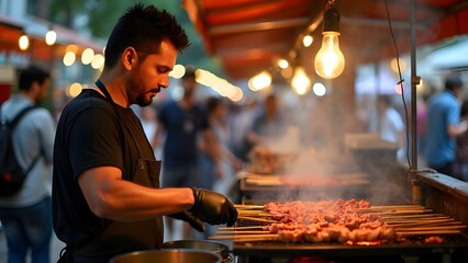 a man cooking bustling grill food in street market, grill food seller, blacksmith working at night m