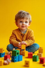 little boy child toddler playing with block toys on yellow background