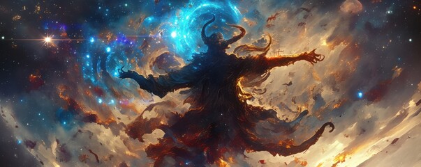 A celestial devil-shaman soaring through the cosmos, wielding cosmic energies to reshape galaxies, 4K hyperrealistic photo