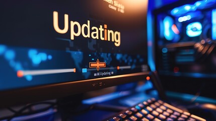 Wall Mural - close-up of computer screen showing software update progress bar with 