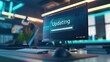 © Jolin - Close-up of computer screen showing software update progress bar with 'Updating' text, keyboard and mouse visible in blurred background, modern technology and digital transformation concept.