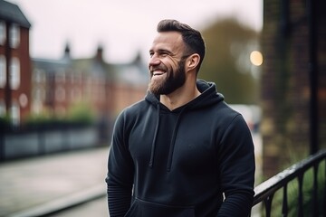 Sticker - Portrait of a handsome bearded man in black hoodie standing outdoors