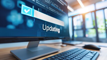 Wall Mural - close-up of computer screen showing software update progress bar with 