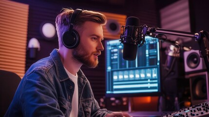 Leinwandbilder - A professional podcaster is speaking into a microphone while using software to interact with an audience in a dedicated studio. Generative AI