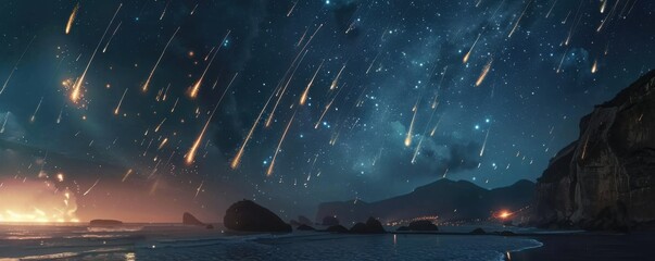 Wall Mural - meteor shower lighting up the night sky, 4k hyperrealistic photo