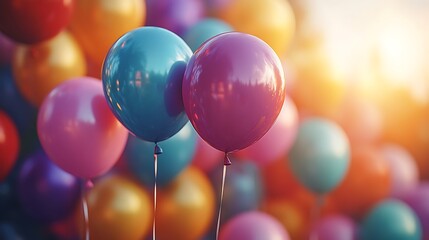 Two brightly colored balloons in the foreground with many other balloons in the background against a sunset.