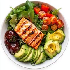 Sticker - A delicious bowl of fresh salad featuring grilled salmon, sliced avocado, ripe cherry tomatoes, and vibrant greens. This healthy meal promotes wellness and enjoyment. AI