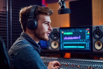 Aufkleber - A podcaster speaks engagingly in a modern studio, utilizing high-quality audio gear and a mixing console to enhance the recording experience. Generative AI