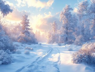 Wall Mural - a breathtaking snow landscape stretches across the horizon blanketed in fresh white snow with soft sunlight filtering through the trees creating a serene and magical winter scene