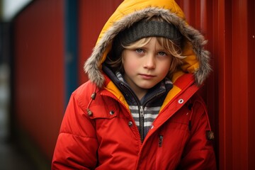 Portrait of a cute little boy in a red jacket and hat on the street.