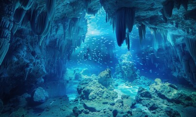 Wall Mural - Enchanting underwater cave filled with sparkling stalactites and stalagmites, schools of fish swimming in clear blue waters, and hidden treasures glinting in the depths, 4K hyperrealistic photo