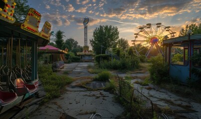 Poster - Overgrown midway attractions at sunrise, 4K hyperrealistic photo