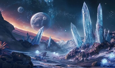 Wall Mural - Breathtaking alien landscape with towering crystal formations and bioluminescent flora under a sky filled with multiple moons, 4K hyperrealistic photo