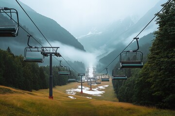 Aerial view of a vast ski resort showcasing chairlifts surrounded by lush forests and misty mountains in early winter at lower altitude