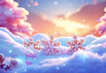 Glittery 3D Render with Pink, Blue Background and Snowflake Waves