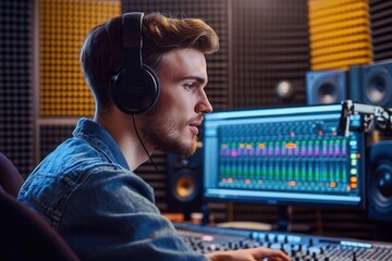 Leinwandbilder - The podcaster focuses intently while recording, surrounded by advanced audio technology and soundproofing. Generative AI