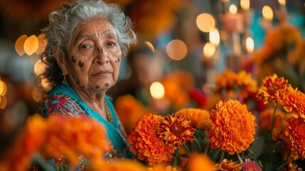 Dia de los Muerto, Mexican holiday. Capture the woman's personal connection to holiday, showcasing her family traditions, cultural heritage, deep emotions associated Dia de los Muerto,