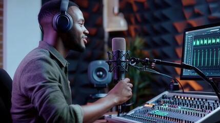 Poster - In a well-equipped studio, a podcaster captures engaging audio, interacting with an audience while adjusting the controls at his workstation. Generative AI