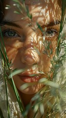 Wall Mural - Close Up Portrait of a Woman with Green Eyes and Sunlight Through Grass