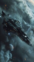 Wall Mural - massive starship in a cosmic nebula, 4k hyperrealistic photo