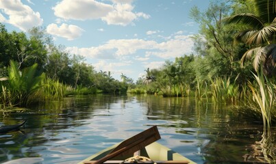 Wall Mural - River rafting journey along winding waterways, navigating past mangrove forests and encountering crocodile-guarded shores, 4K hyperrealistic photo