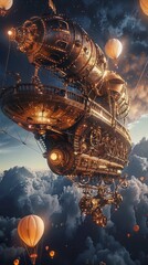 Wall Mural - steampunk airship adorned with brass and gears, soaring amidst balloon-lit skies, 4k hyperrealistic 