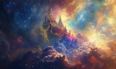 Wall Mural - angelic citadel floating amidst nebulous hues of cosmic splendor, 4k hyperrealistic photo
