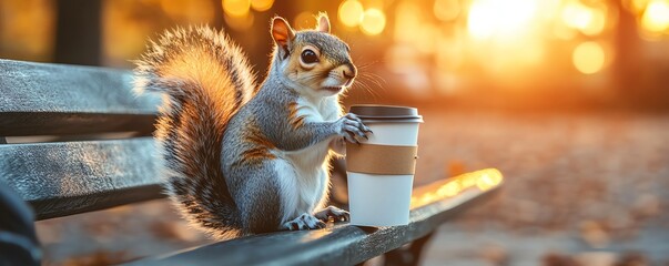 Squirrel on bench with coffee