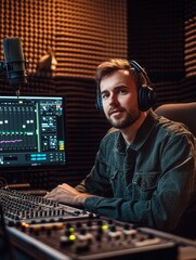 Aufkleber - A focused podcaster is actively speaking into a microphone while adjusting controls in a well-equipped studio. Generative AI