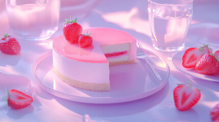 a delicate strawberry mousse cake topped with a glossy pink layer and fresh strawberries, served in 