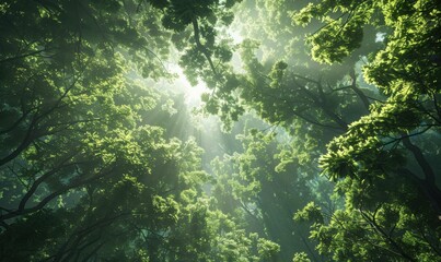 Wall Mural - Verdant forest canopy illuminated by morning sunlight, 4K hyperrealistic photo