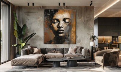 Wall Mural - Portrait painting on the living room wall, 4K hyperrealistic photo