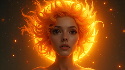 Wall Mural - a yellow orange sun with a female facial features black pupils in passionate piercing orange eyes and sun flames for hair set against a dark starry sky