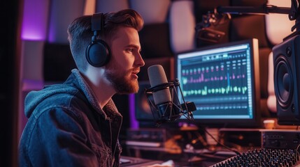 Leinwandbilder - A podcaster enthusiastically engages in conversation while adjusting equipment in a contemporary recording studio. Generative AI