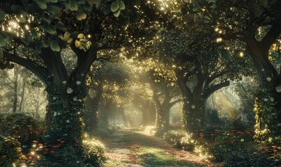 Sticker - Elven woodland haven beneath shimmering canopies, 4K hyperrealistic photo