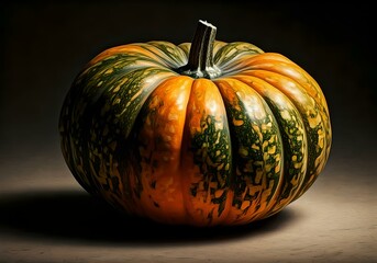 Big orange and green gourd, pumpkin isolated on black background macro photo