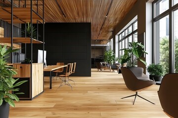 modern office interior design with an open space and a wooden desk, a sofa lounge area, and a glass wall in a black color background. Minimalist style interior concept idea for a business work environ