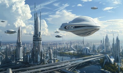 Wall Mural - futuristic cityscape with flying cars, 4k hyperrealistic photo