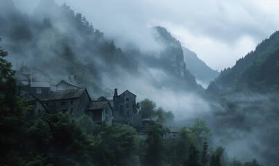 Wall Mural - Echoes of a vanished mountain village in the mist, 4K hyperrealistic photo