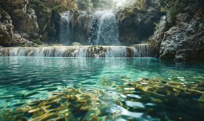 Wall Mural - Pristine waterfall cascading into a crystal-clear pool, 4K hyperrealistic photo