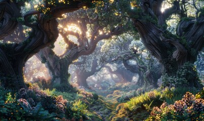 Poster - Elven woodland haven beneath shimmering canopies, 4K hyperrealistic photo