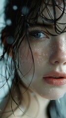 Wall Mural - Water Drops on a Woman's Face - A Close-Up Portrait