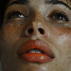 Wall Mural - Close-Up Portrait of a Woman with Freckles and Glossy Lips