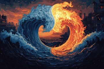 A yin-yang symbol made of two swirling water waves, one half depicting an ocean with buildings and a shoreline, while the other side is on fire The background