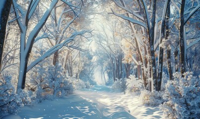 Sticker - Enchanted forest blanketed in pristine snow, 4K hyperrealistic photo