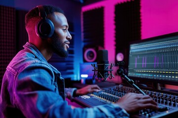 Fototapete - The podcaster speaks animatedly at a studio desk, surrounded by professional equipment and colorful lighting, creating a lively atmosphere. Generative AI