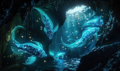 Canvas Print - Ethereal creatures with glowing scales inhabit the bioluminescent caverns of the enchanted zoo, 4K hyperrealistic photo