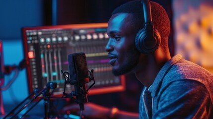 Leinwandbilder - The professional podcaster actively speaks into a microphone in a well-equipped studio, focusing on delivering captivating content. Generative AI
