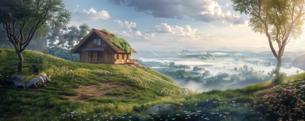 Wall Mural - Rural retreat on a hill, harmonizing with the natural landscape, 4K hyperrealistic photo